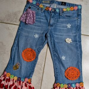 Ag Adriano Goldschmied Cropped Jeans Blue Orange Bohemian